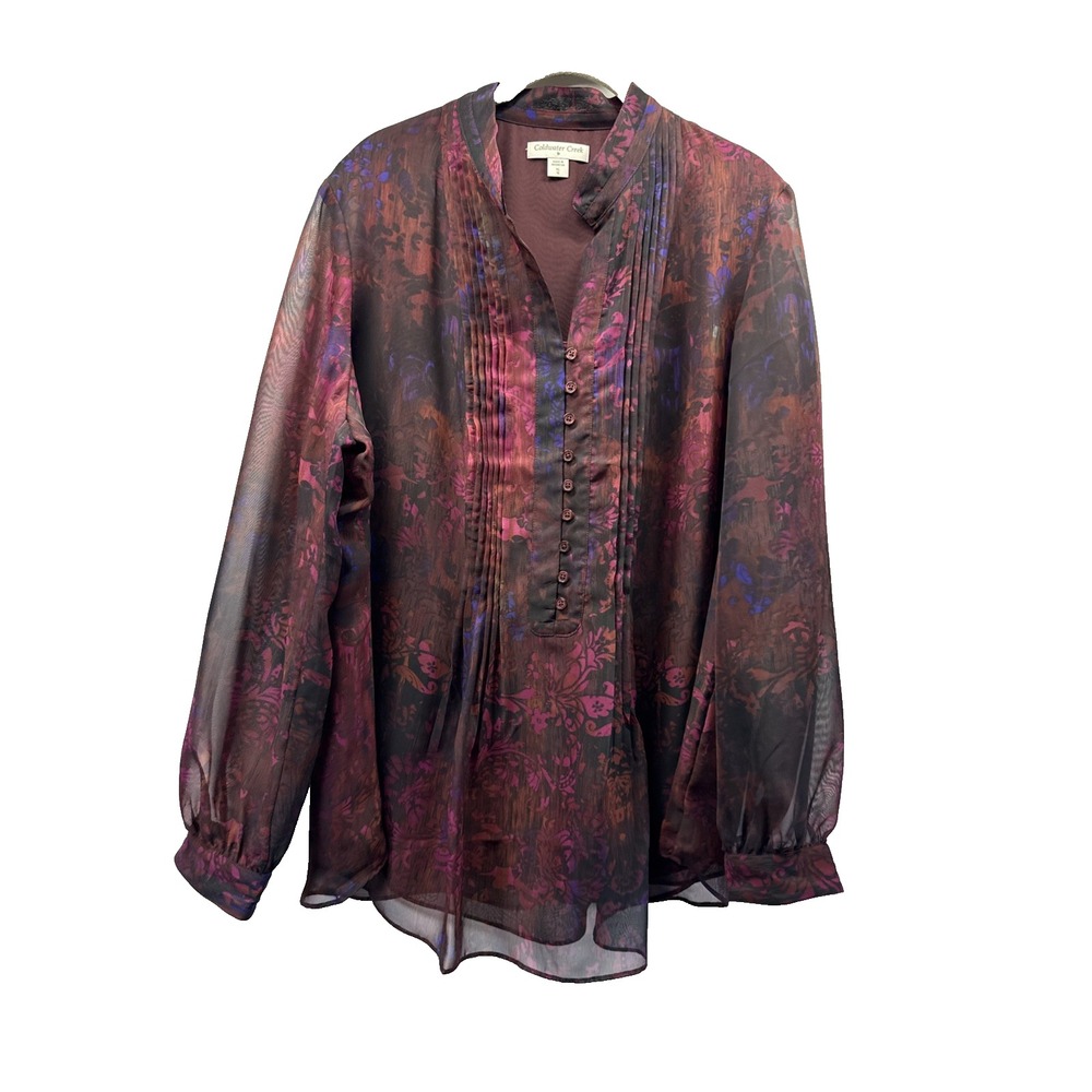 Coldwater Creek Women XL 16 Black Pink Whimsigoth Sheer Pintuck Blouse Top